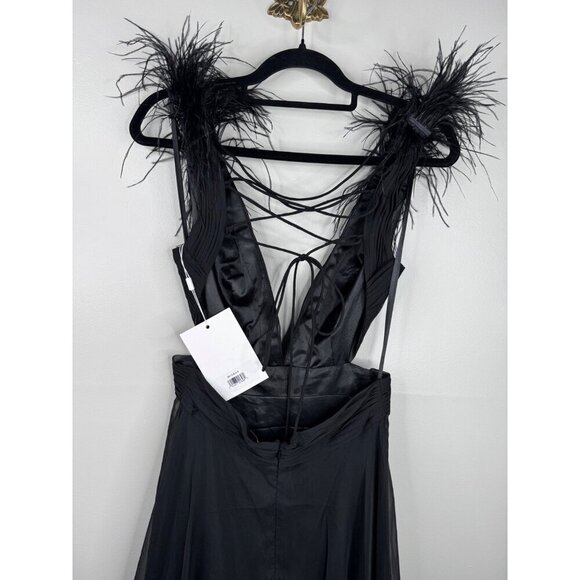 Mac Duggal 68113 Black Maxi Dress Plunge Neck Ostrich Feather Open Back Size 6 - Picture 6 of 6